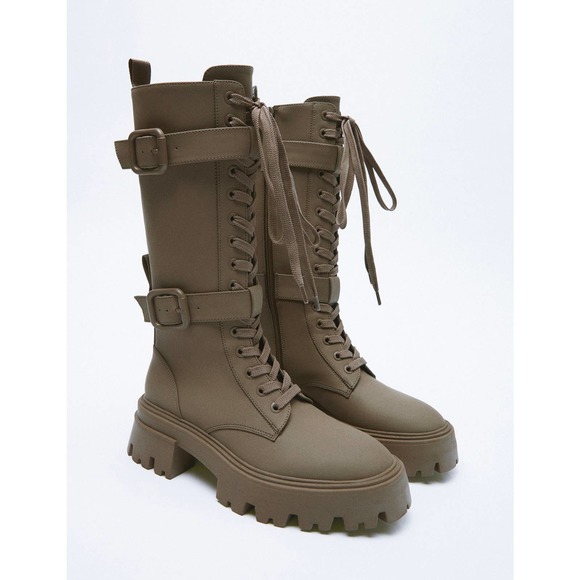 ZARA WAX FINISH LACE UP BOOTS MILITARY GREEN - Picture 9 of 16